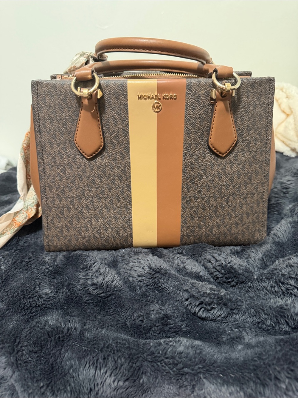 Michael Kors Brown Satchel with Tan and Cream Center Stripe